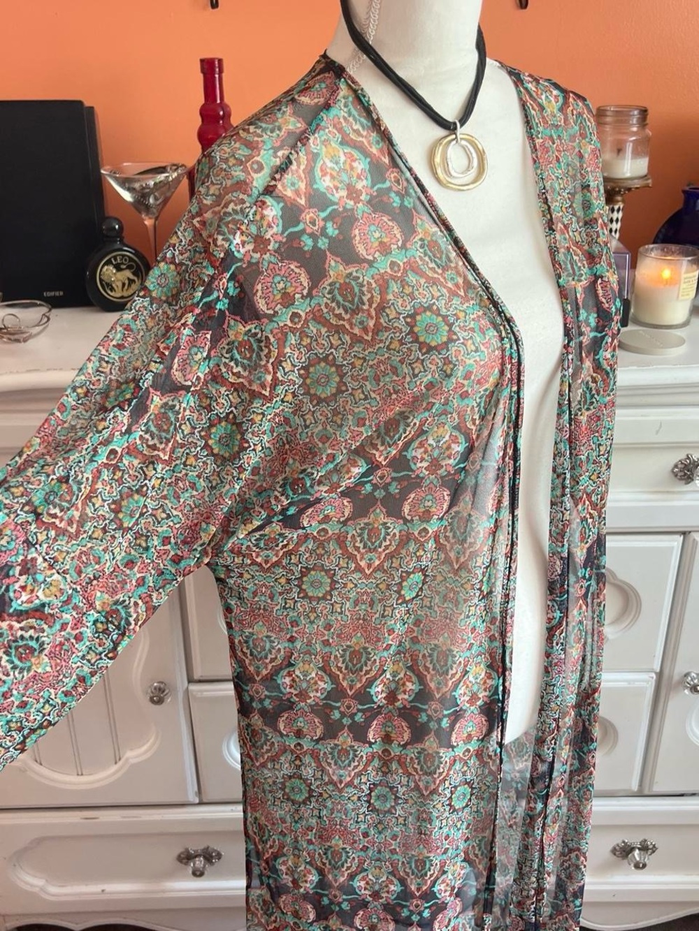 Sheer Mosaic Kimono Duster in Teal, Coral & Black